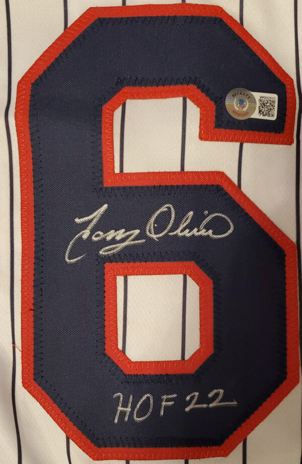 Tony Oliva Autographed Custom Pinstripe Career Stat Jersey with HOF22 Inscription v3